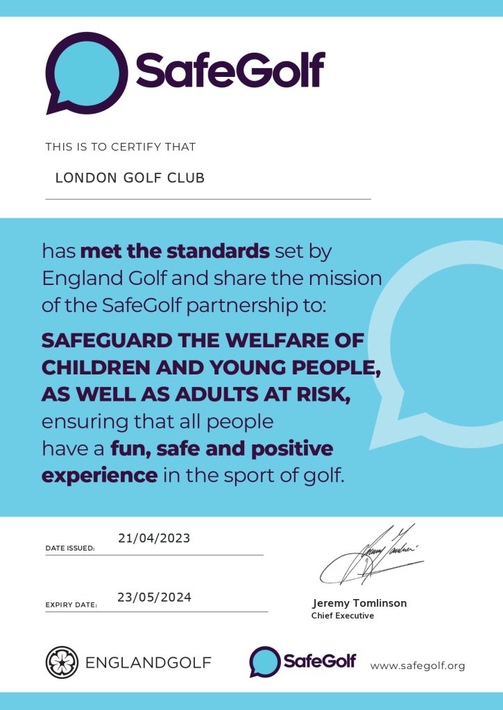 Safe Golf Certificate for London Golf Club